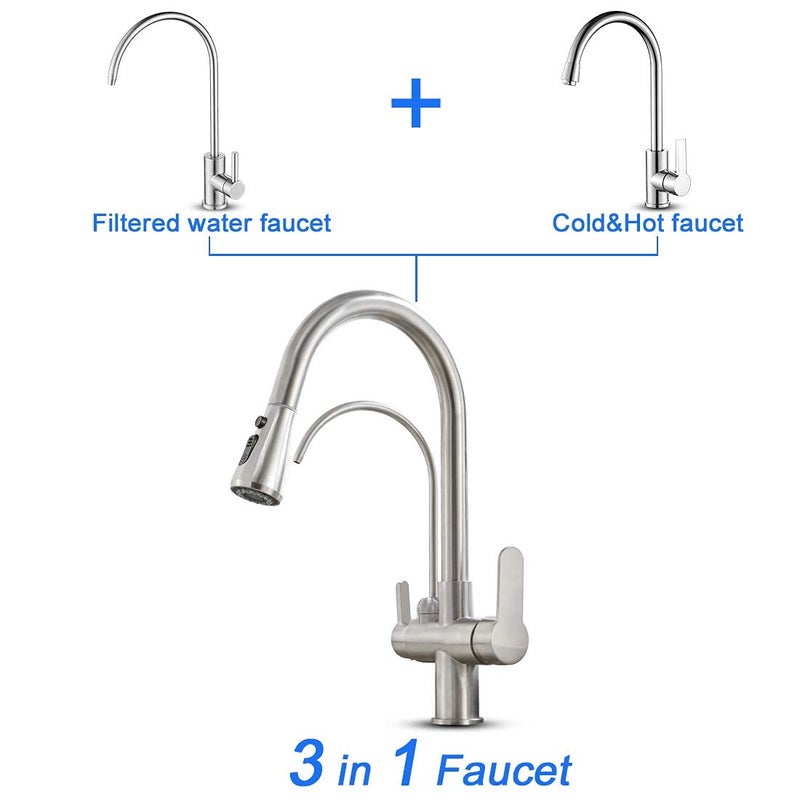MENATT Filter Kitchen Faucet with Drinking Water Faucet, High Arc Pull Down 3-Way Kitchen Faucet, 3 in 1 Sink Cold and Hot Mixer Tap (Brushed Nickel) - Image 5